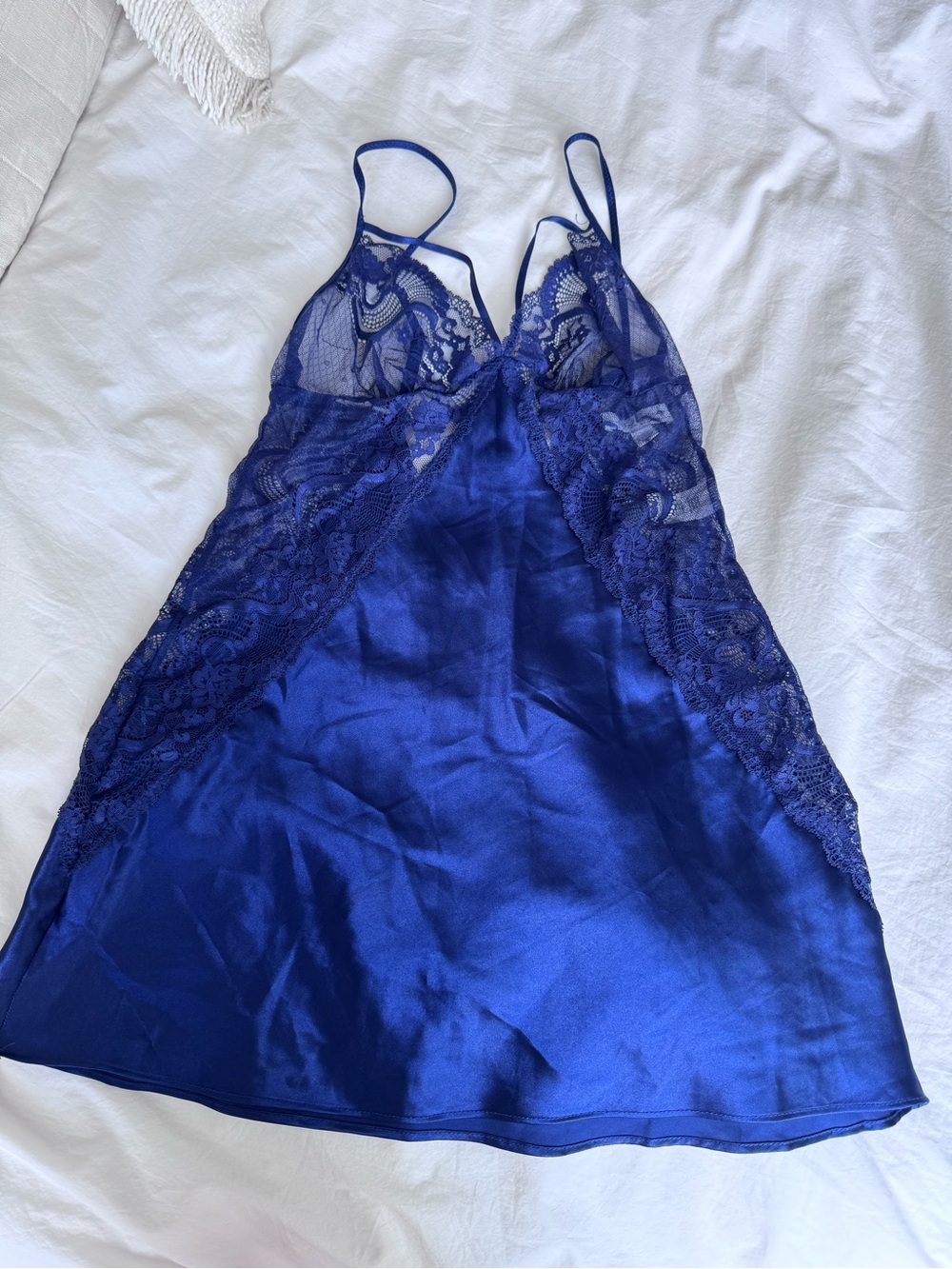Silky Satin Lace-Trim Chemise in Cobalt Blue